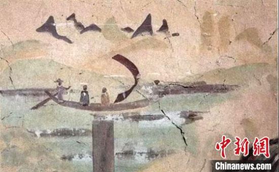 “一人搖櫓晃扁舟，兩人撐篙水上漂?！眻D為莫高窟第323窟《搖櫓帆船》（初唐）?！《鼗脱芯吭汗﹫D