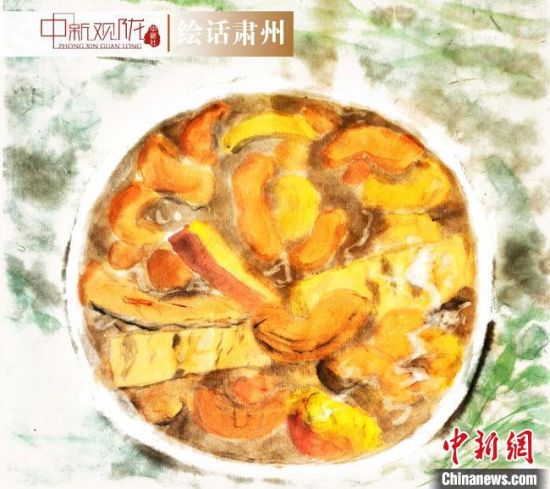 圖為酒泉美食“糊鍋”繪畫作品。　杜興彥 攝