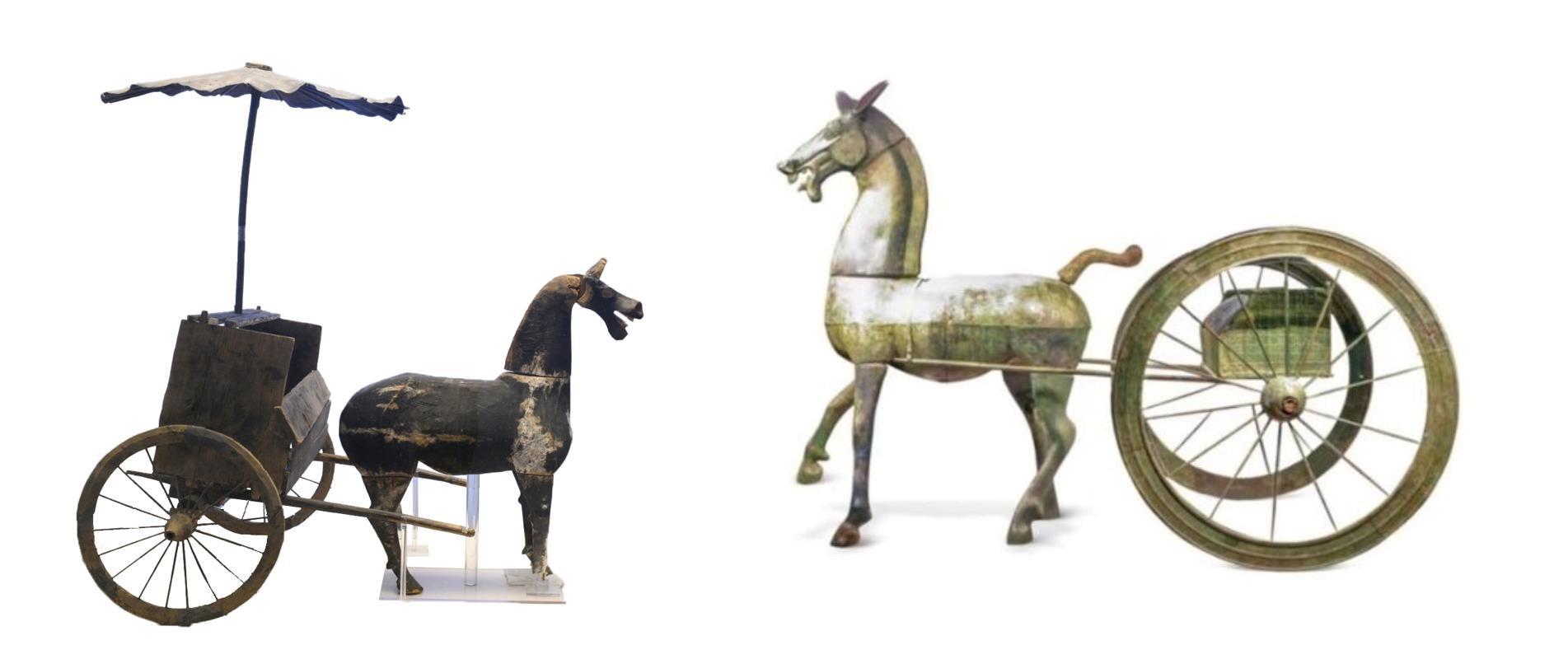 △左為漢代木軺車，藏于青海省博物館；右為東漢銅車馬，藏于黔西南州博物館。