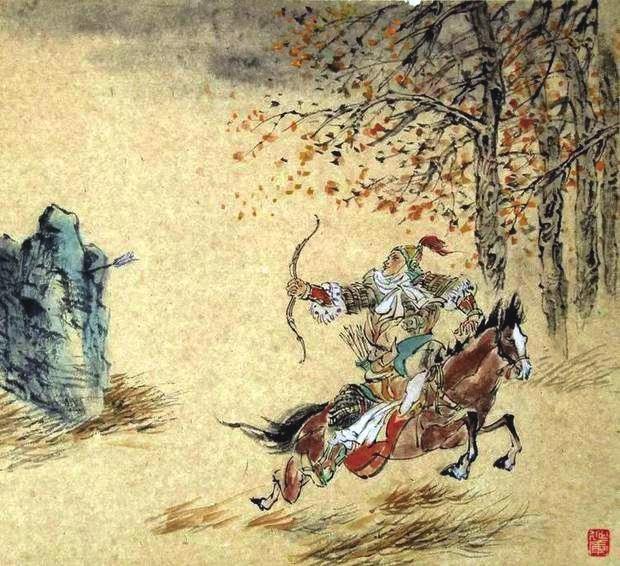 “林暗草驚風(fēng)，將軍夜引弓。”畫作